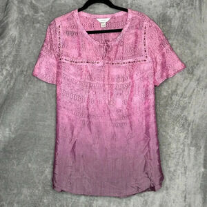 CJ Banks 1X Shirt Top Purple Aztec Ombré Short Sleeve Keyhole Scoop Neck Rayon
